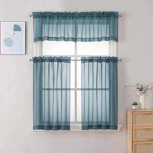 Image of Chyhomenyc Sheer Valances for Windows 2 Pack, Small Window Curtains for Living Room Bathroom Cafe Laundry Basement, Modern Top Dual Rod Pocket Voile Curtain, 42W x 18L inches, Stone Blue