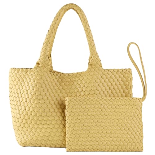 Image of Woven Tote Bag for Women Vegan Leather Handwoven Bags with Small Purse (Yellow)