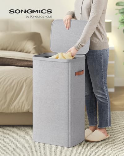 Image of SONGMICS Laundry Basket, 26.4 Gal. Laundry Hamper, Easy Assembly, with Lid and Handles, Removable Liner, 16.5 x 12.6 x 29.5 Inches, Dove Gray ULCB811GD01