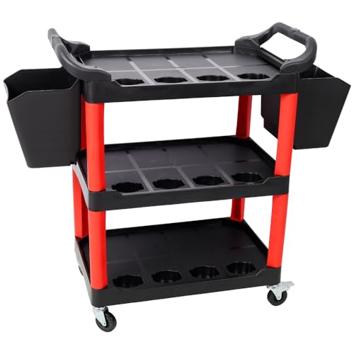 Car Detailing Cart, Homonova, Auto Detailing Cart with Wheels, 3 Tier Rolling Tool with Bucket Panel and Hook, Plastic Shelves 300Lbs Load Capacity, Garage Workshop Storage Utility (Red+2)
