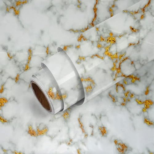 Image of Self Adhesive Marble Wallpaper Kitchen Oil Proof & Waterproof Wallpaper for Cabinet Makeover, Almirah, Plastic & Tabletop, Wardrobe (60x200cm) (New Gold White)