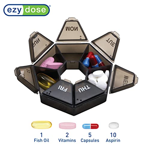 Image of Ezy Dose Weekly (7-Day) Pill Organizer, 7-Sided Medicine Planner, Black | Compact Daily Round Vitamin & Supplement Medicine Case, Convenient and Easy to Use, Travel-Friendly Container, BPA-Free