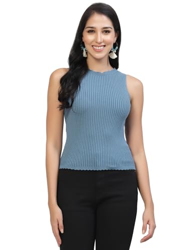 Image of Kalt Womens Knitted, Ribbed Cotton Fitted Sleeveless Round Neck Cami Tank Top