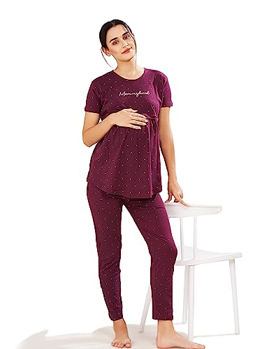 Image of Pastel Clip Women Cotton Star Printed Relaxed Maternity Night Suits for Women Feeding 7002-7003