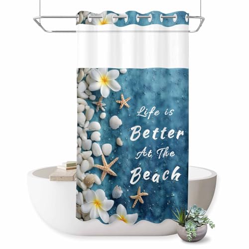 No Hook Blue Coastal Beach Shower Curtain with See Through