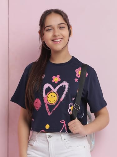 Image of Li'l Tomatoes Girls Crop T-Shirt | 100% Cotton | Graphic Printed Summer Top | Soft & Breathable Casual Wear | 7-16 Years