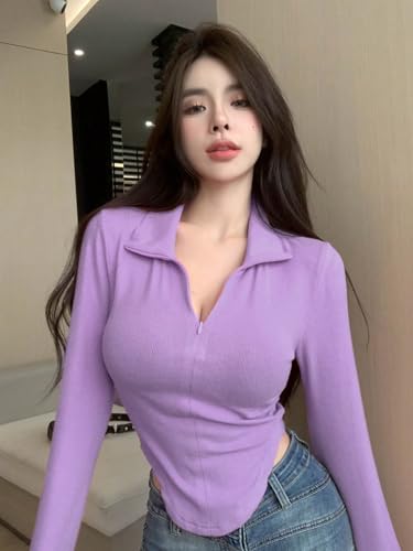 Image of Istyle Can Women's Top Solid Long Sleeve Ribbed Asymmetric Hem Casual T-Shirt with Zipper Collar. Full Sleeve, Rib Knit, Plain, Slim Fit