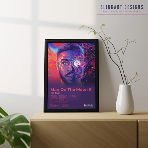 Image of BLINKART KidCudi - Man On The Moon III Wall Photo Frames | Wall Art for Bedroom, Living Room, Studio or Office | Album Cover Print with Spotify Song Link QR Code | Gift for Fans - 8x12 In
