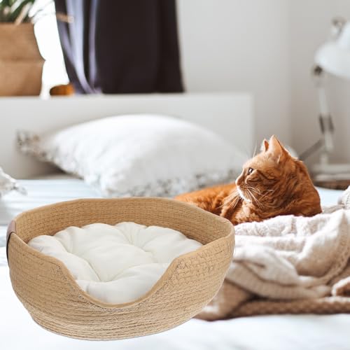Ipetboom Round Straw Nest Pet Sleeping Bed Half Closed Dog Bed Baskets Cat Scratching Board Sofa Woven Cat Beds Scratch-Proof Cat Basket(Bed+Cushion) - Image 3