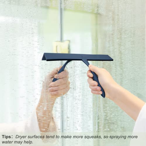 Image of Squeegee for Shower Glass Door, 11-Inch Shower Squeegee for Glass Doors, Bathroom Silicone Squeegees Wiper for Shower with Non-Slip Handle, No-Drilling Silicone Hanging Hook, for Tiles (Dark Blue)