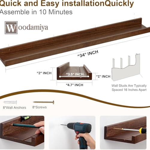 Image of Wooden Wall Mounting Shelves for Decorative Wall Shelf for Books, Decor, and Display - Elegant Space-Saving Design, 34 Inch, Teak Finish, Set of 2