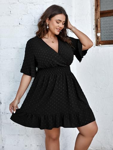 SCOMCHIC Plus Size Casual Summer Dress for Women Swiss Dot Wrap V Neck Ruffle Sleeve Smock Boho Mini Dress2