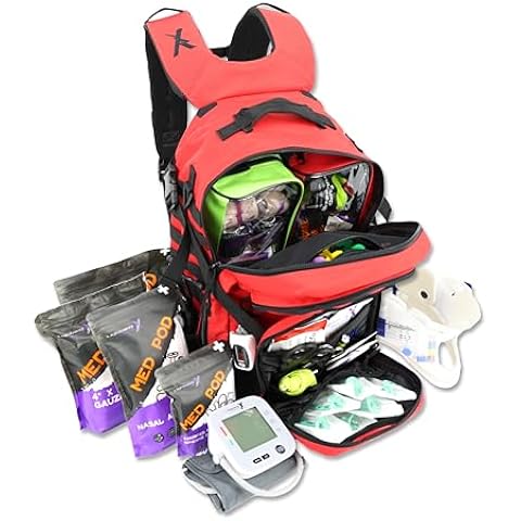 Lightning X Fully Stocked TacMed First Responder Trauma Medical Backpack EMT Kit | MB45-SKF | w/Professional First Aid Emergency Supplies (Red)