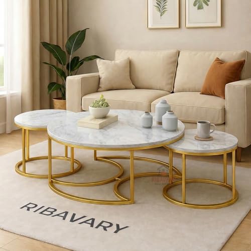 Image of Round Coffee Table Set of 3, Marble Laminated Accent Center Table with Sturdy Metal Base | Modern Foldable Nesting Stacking Tables for Living Room, Bedroom, or Apartments (Golden-White)