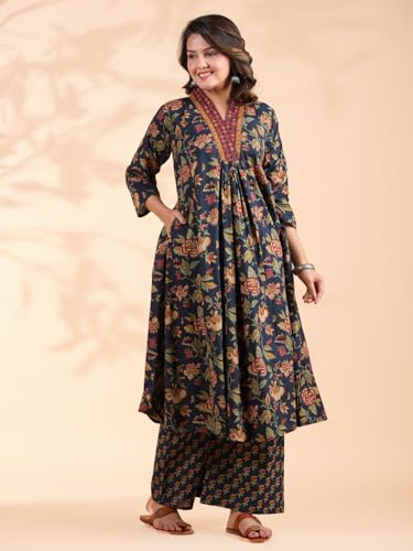 Image of Vbuyz Women Floral Print With Mirror Work Cotton Kurta Palazzo With Dupatta