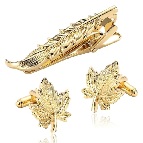 Gemelos de acero inoxidable dorados con diseño de hoja para camisas de novio