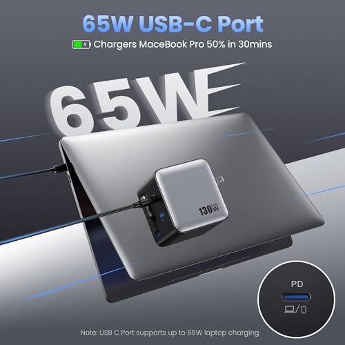 Image of 130W USB C Wall Charger,GaN III 3-Port Fast Charging Station,PD QC Foldable Charger Block Portable 65W USB C Laptop Adapter for MacBook Pro /Air,iPad Pro,Galaxy S23,Dell XPS,iPhone 16