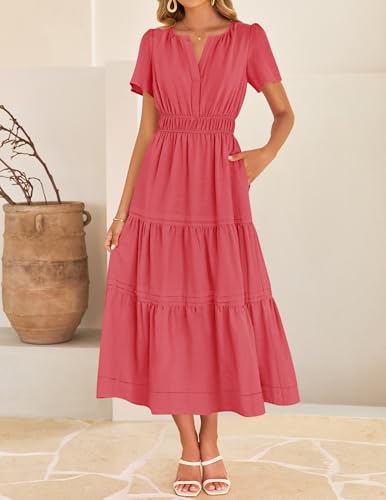 Image of ZESICA Women's Summer Casual Short Sleeve Boho Midi Dress