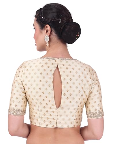 Image of Studio Shringaar Women's Brocade Embroidered V-Neck Readymade Elbow Length Sleeves Saree Blouse