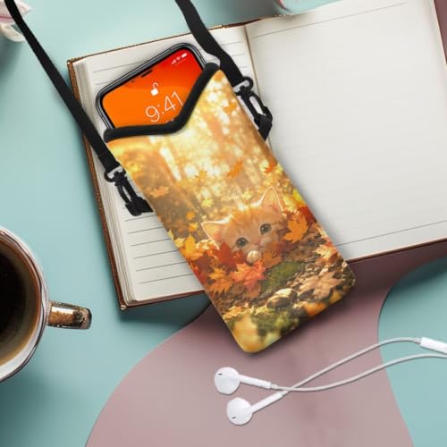 Image of Travel Crossbody Cell Phone Purse Waterproof Mini Smartphone Shoulder Bag Lightweight Cellphone Bag for Phone, Keys, Power Bank, 8 x 4 inch, Cat Autumn Leaf