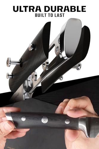 Close-up of blade and handle of Dalstrong meat slicer