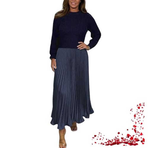TOTDYIKH Women's Solid Color Long Sleeve Jumper & Pleated Bottom Dress Fashion Pleated Dress (Dark Blue,Medium)