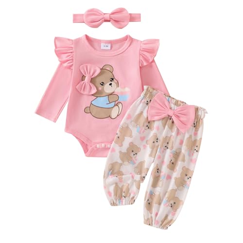 Image of Ursobutegl Newborn Infant Baby Girl Outfits Ruffle Bear Long Sleeve Romper Bodysuit Tops Pants Set Cute Fall Winter Clothes