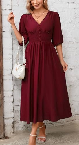 Image of Kormei Women Casual Boho V Neck 3 /4 Sleeve Smocked Waist A Line Flowy Swing Midi Dress Smocked Long Dress