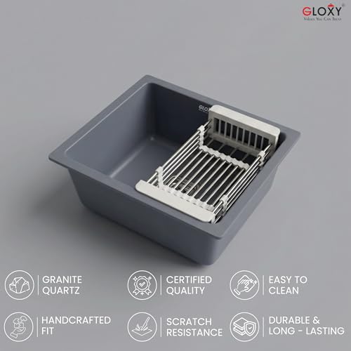 Image of Gloxy Premium Granite Quartz Kitchen Sink 16 inch x 18 inch x 9 inch - Grey Matte Finish Quartz Sink with Coupling Pipe and Drain Basket - Single Bowl Sink Undermount /Topmount Installation - 3 Years Warranty