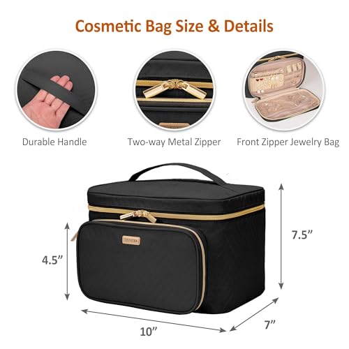 Travel Makeup Bag with Jewelry Organizer, Large Cosmetic Case, Waterproof Toiletry Bag for Cosmetics, Brushes, and Tools, Black3