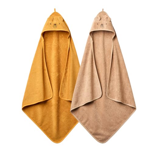 Image of Huxie Baby Hooded Towel – Organic Cotton Baby Bath Towels, 32" x 32" Super-Soft and Absorbent Baby Towels for Newborn 2-Pack (Bear Natural/Autum Yellow)