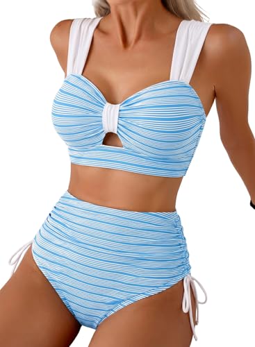 Herseas Womens High Waisted Bikini Sets 2026 Summer Textured Supportive Flattering Swimsuits Tummy Control Knoted Bottom Beach Bathing Suits Teen Girls Cruise Essentails Sky Blue X-Large