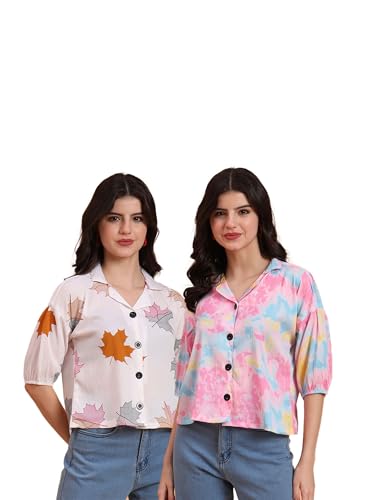 Image of Women's Cotton Blend Printed Combo (Pack of 2) Shirts - 3 /4 Sleeves V Collar Neck (COMBO1744)