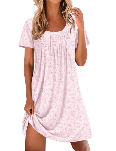 Image of Ekouaer Nightgowns for Women Pleated Sleep Shirts Short Sleeve Night Shirts Lace Trim Night Gown Ladies Sleep Dress