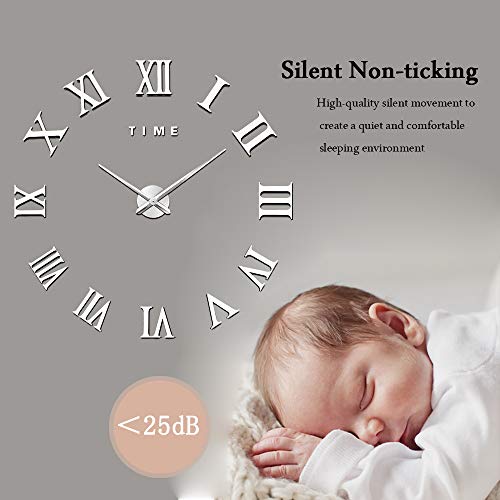 Vreaone Large 3D Diy Wall Clock, Giant Roman Numerals Clock Frameless Mirror Sticker Wall Clock Home Decoration For Living Room Bedroom(Silver) #TOP1