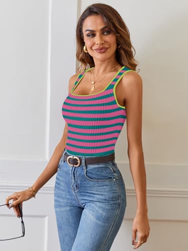 Image of MEROKEETY Women's Summer Square Neck Tank Tops | Sleeveless, Ribbed Knit, Striped Pattern, Slim Fit, Stretchy Soft Sweater Vest Casual Work Outfits