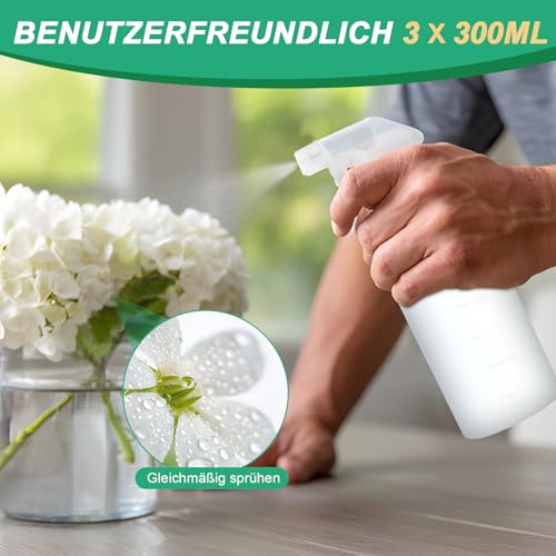 Dreamark 3 Stück Sprühflasche 300ml Kunststoff Leere Sprühflaschen Mit Verstellbarem Sprühkopf Für Pflanzen, Haare, Haustierpflege, Glas- & Autoreinigung, Haushalt & Garten