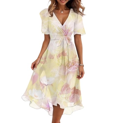 Summer Chiffon Midi Dresses for Women 2026 Elegant Classy Wedding Guest Floral Formal Cocktail Prom Dress 16-Beige X-Large