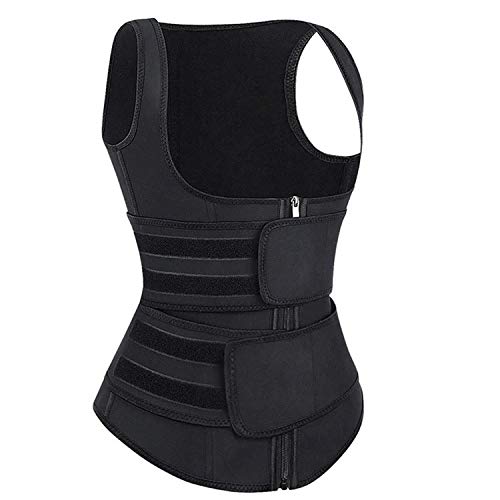 Fitazzo Full Coverage Double Strap Waist Trainer for Women, 2-in-1 Latex Waist Trainer Sauna Vest Sweat Body Shaper for Women for Burning Body Fat, Tummy Control and Posture Correction, Large Black