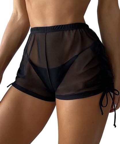 Leoparts Women's Sheer Swimsuit Coverup Shorts Side Drawstrings Beach Bikini Cover Up Bottoms (Panty not Included)