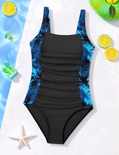 Image of Girl Swimsuit One Piece Bathing Suit for Girls Solid Color Ruched Adjustable Straps Padded Swimwear 9-18y