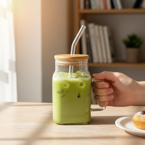 Image of ginoya brothers 600ml Mason Jar with Natural Bamboo Lid, Reusable Glass Straw & Handle | Leak-Proof Silicone Seal Glass Cup for Hot & Cold Beverages (PACK OF 3)