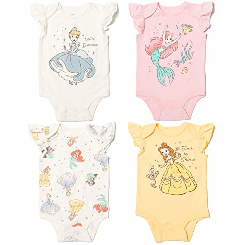 Image of Disney Princess Ariel Cinderella Belle Baby Girls 4 Pack Cuddly Snap Bodysuits made with Organic Cotton Newborn to Infant