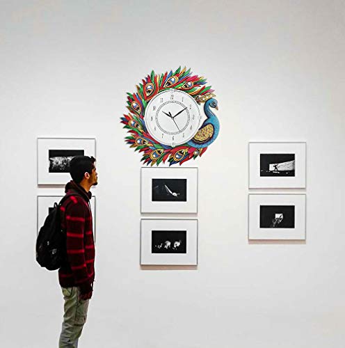 Image of Wooden Peacock Design Wall Clock Round Quartz Analog Decorative Antique Wall Clock for Home Decor