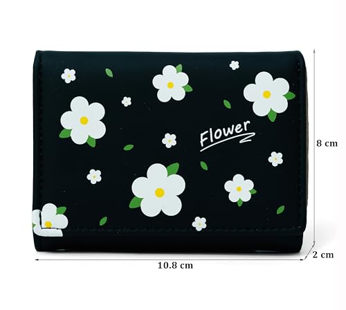 Image of INOVERA (LABEL) Flower Wallets for Women, Girls - Stylish Faux Leather Trifold Cash, Cards Holder Wallet - Small Hand Purse (Black)