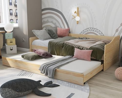 Inter Link- Funktionsbett - Kinderbett - Einzelbett - Sofabett - mit Stauraum - Bettschublade - mit Schublade - inklusive Lattenrost - Kiefer Massivholz - Natur - Leonie 23-90 x 200 cm