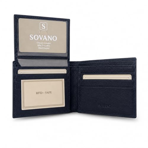 Image of SOVANO Genuine Leather Wallets for Man Original Bi Fold Slim Mens Wallets Design with RFID Protection ID Window Easy Access 6 Card Slots 2 Hidden Pockets Compact Gift for Men (Navy Blue)