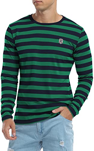 KUYIGO Camiseta de Manga Larga a Rayas para Hombre, algodón, Cuello Redondo clásico, Moda Juvenil, Talla 3XL, Verde y Azul Marino