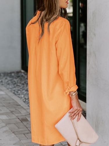 Image of Aoudery Womens Button Down Shirt Dresses with Pockets Cotton Button Up Tunics Long Sleeve Solid High Low Blouse Tops-Orange Yellow-L