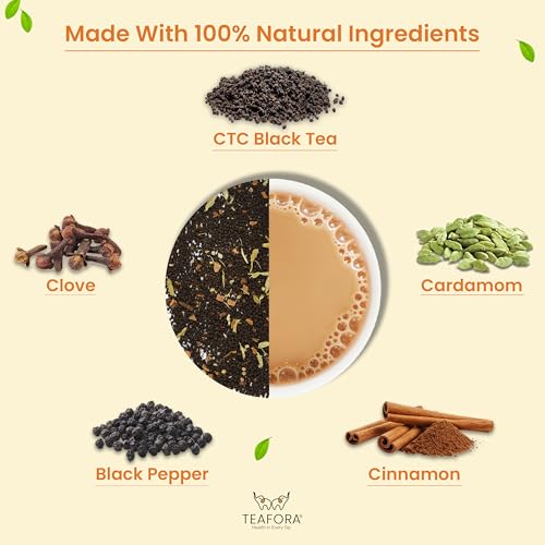 Image of TEAFORA Indian Original Masala Chai Tea | Assam CTC Loose Black Tea | Blended with Cinnamon, Cardamom, Black Pepper & Cloves | 100% NATURAL INGREDIENTS - 100g